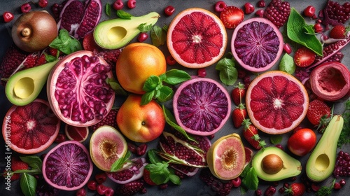 Variety of fresh fruits and vegetables including lemons  oranges  grapefruits  pomegranates  pomegranates  grapefruits  pomegranate seeds  black background  top view