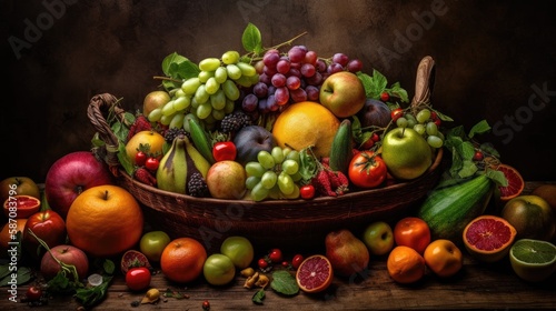 Fruits and vegetables in a basket on a wooden table. Dark background.