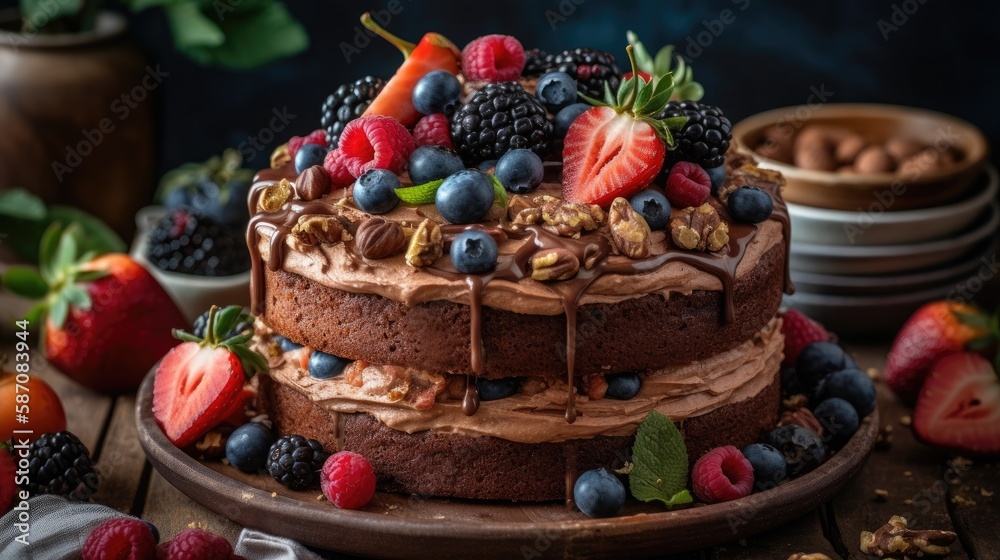 Chocolate cake with fresh berries and nuts on a wooden table.