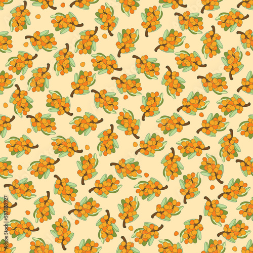 Cute sea buckthorn seamless pattern. Bright sea buckthorn berries, twigs and leaves. Vector outline drawn illustration. Template with orange fresh berries for wallpaper, fabric, packaging