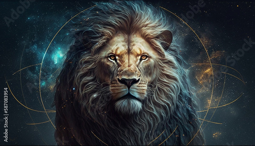 a lion zodiac sign on space background. Generative AI 