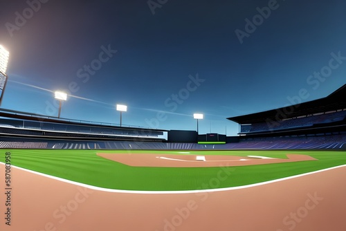 Grand baseball stadium field diamond daylight view  modern public sport building 3D render background.