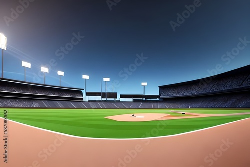 Grand baseball stadium field diamond daylight view  modern public sport building 3D render background.