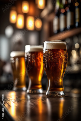 Draft beer in glasses on the bar in a row, the background of the bar is blurred. Generative AI,