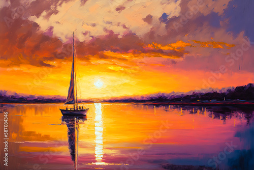 Isolated sailboat in a calm and serene harbor bathed by a sunset enveloped in oranges, pinks and purples, with blue and green hues in the water. Impressionist style. Generative AI © XaMaps