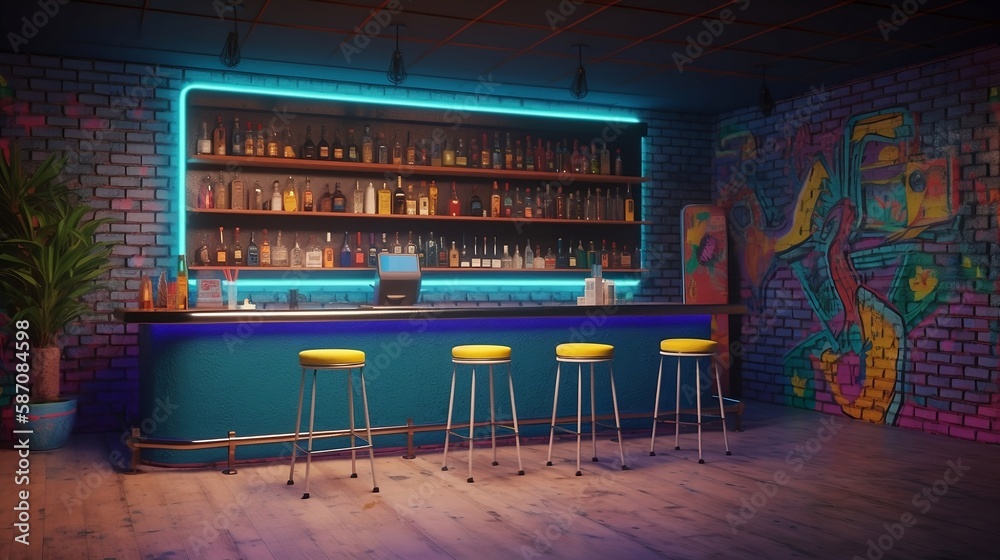 psychedelic 90's bar - nostalgic 90's theme with vibrant and eye-catching psychedelic art on simple plain wall background - ideal for real estate photography and interior design. generative ai