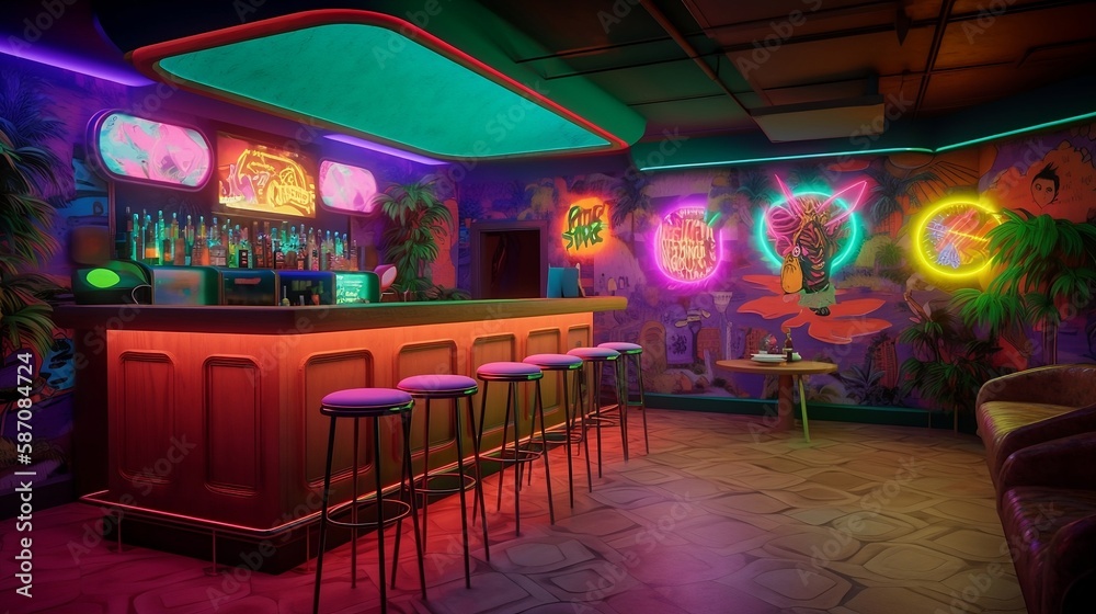 psychedelic 90's bar - nostalgic 90's theme with vibrant and eye-catching psychedelic art on simple plain wall background - ideal for real estate photography and interior design. generative ai