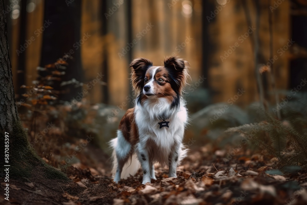dog strolling in a forest in the fall. Generative AI