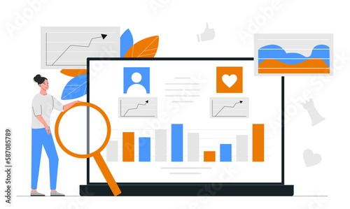 Advertising social network concept. Woman with magnifying glass analyzes graphs and diagrams. Aalyst conducts market research. Promotion of goods on Internet. Cartoon flat vector illustration