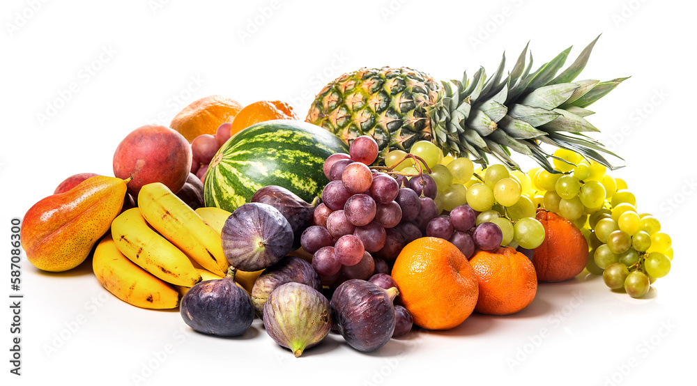 Pineapple, watermelon, grapes, peaches, pears, figs, tangerines, bananas on a white background. Isolate Pineapple, watermelon, grapes, peaches, pears, figs, tangerines, bananas on a white background. Isolate