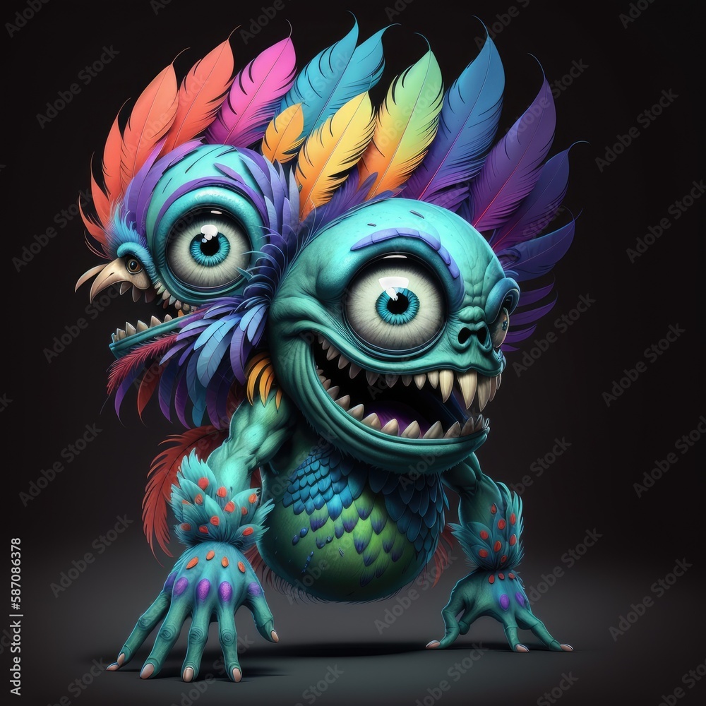 A cartoon, multicolored monster with teeth, feathers. On a solid background. Generative AI A cartoon, multicolored monster with teeth, feathers. On a solid background. Generative AI