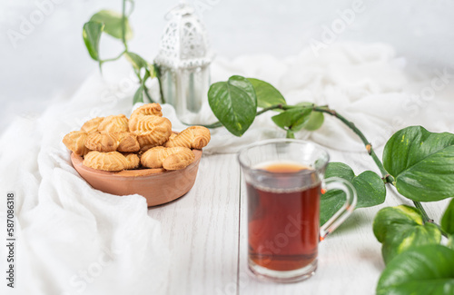 English tea and biscuits on a white wooden background
 photo