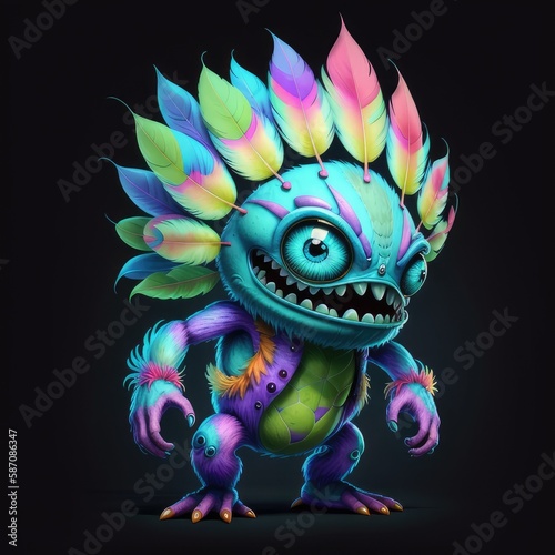 A cartoon, multicolored monster with teeth, feathers. On a solid background. Generative AI photo