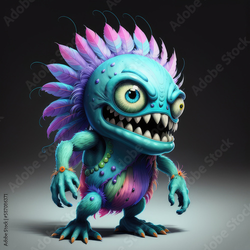 A cartoon, multicolored monster with teeth, feathers. On a solid background. Generative AI