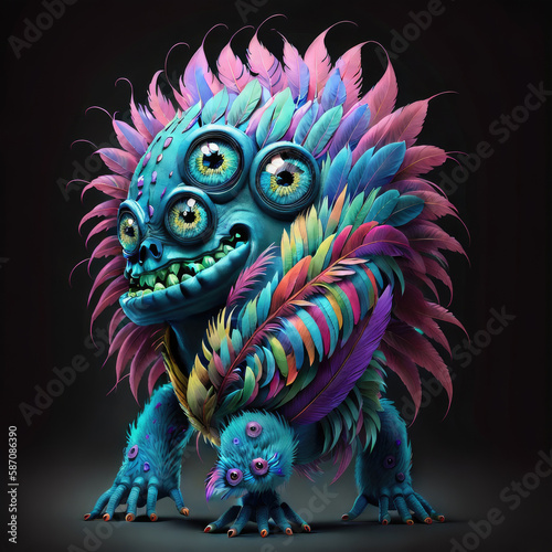 A cartoon, multicolored monster with teeth, feathers. On a solid background. Generative AI photo