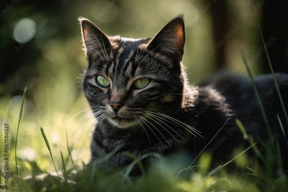 Beautiful cat in a sunny daytime photo against green grass. Generative AI