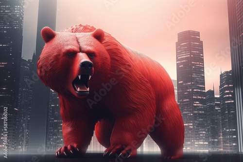 3D illustration of a big red fierce bear on blur city background. Business and trading down trend concept. Generative AI