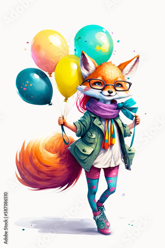 Watercolor fashion cute fox with colorful balloons. Happy Birthday illustration. Generative AI.