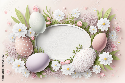 Spring easter layout. Festive Easter background. Greeting card with place for text. The minimal concept. An Easter card with a copy of the place for the text. Religious layout. Springtime design.