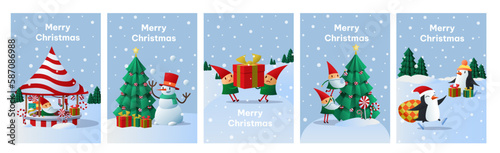 Christmas posters set. Collection of graphic elements for website. Snowman and elves with gifts on carousel. Winter holiday and New Year. Cartoon flat vector illustrations isolated on white background