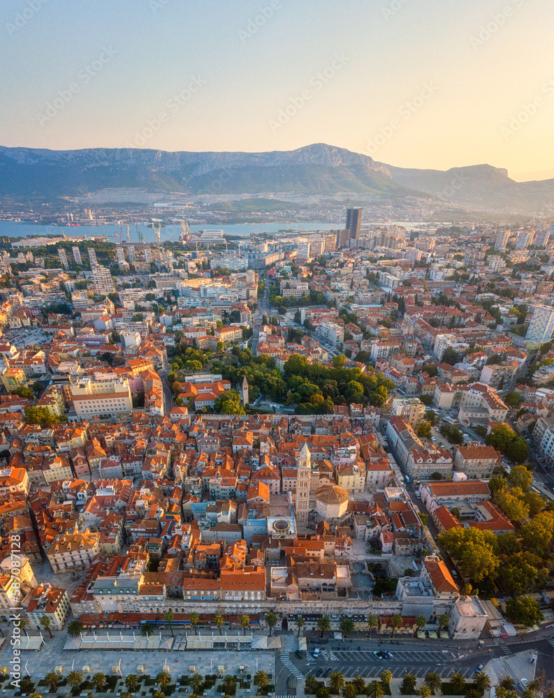 Scenic aerial view of Split with Old City and famous Diocletian’s palace, panoramic morning cityscape, outdoor travel background, Dalmatia, Croatia. Famous and second-largest city in the country