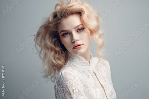  Portrait of a beautiful blonde girl in a white dress, on a light gray background with copy space, generative AI tools 