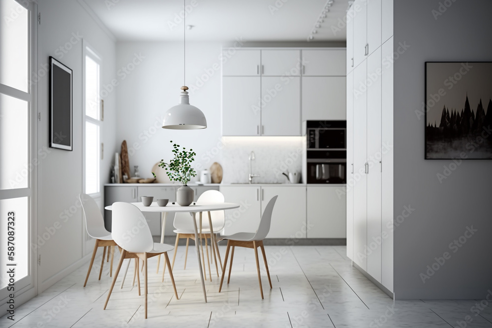 Modern white kitchen and dining room interior with furniture and kitchenware, kitchen interior background, luxury kitchen, Generative AI