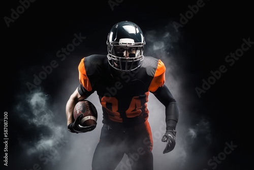 American football player on a dark background in smoke in black and orange equipment