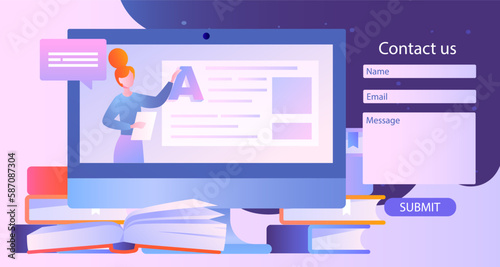 Contact us concept. Woman develops graphic elements for site, interface for programs and applications. Feedback and work with clients, interaction. Business processes. Cartoon flat vector illustration