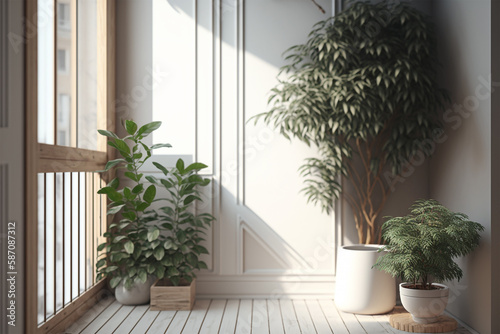 Balcony or veranda with plant, sunbeam, Generative AI photo