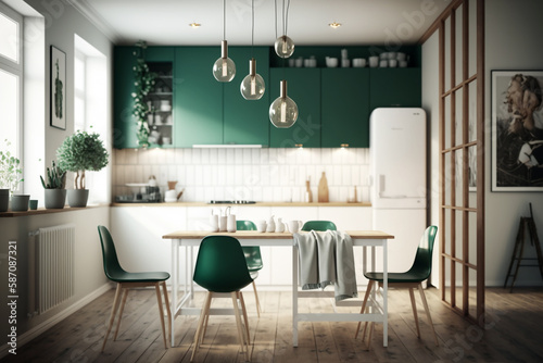 Modern green kitchen interior with furniture and kitchenware, white and green interior background, Generative AI