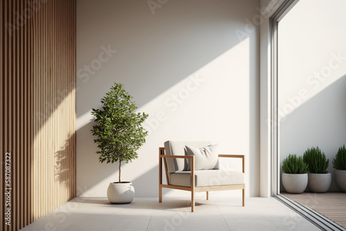 Balcony or veranda in a modern house or apartment with cozy armchair, wood wall and plant, sunbeam, Generative AI photo