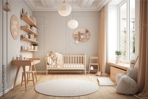 Modern minimalist nursery room in scandinavian style. Baby room. Generative AI © Diatomic