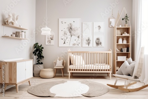 Modern minimalist nursery room in scandinavian style. Baby room. Generative AI