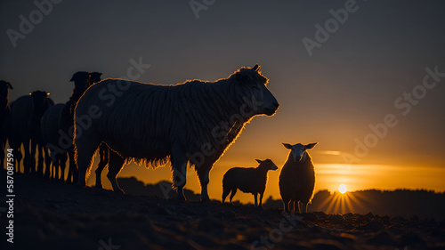 Shepherd and sheep at sunset, photo taken with back light. (Generative AI)