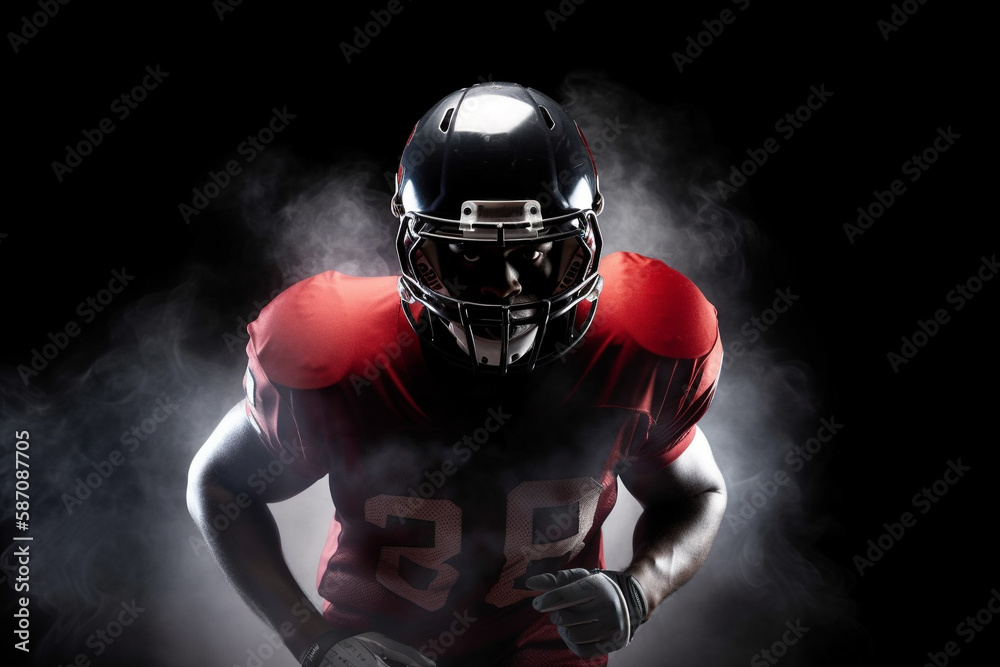 American football player on a dark background in smoke in black and red equipment