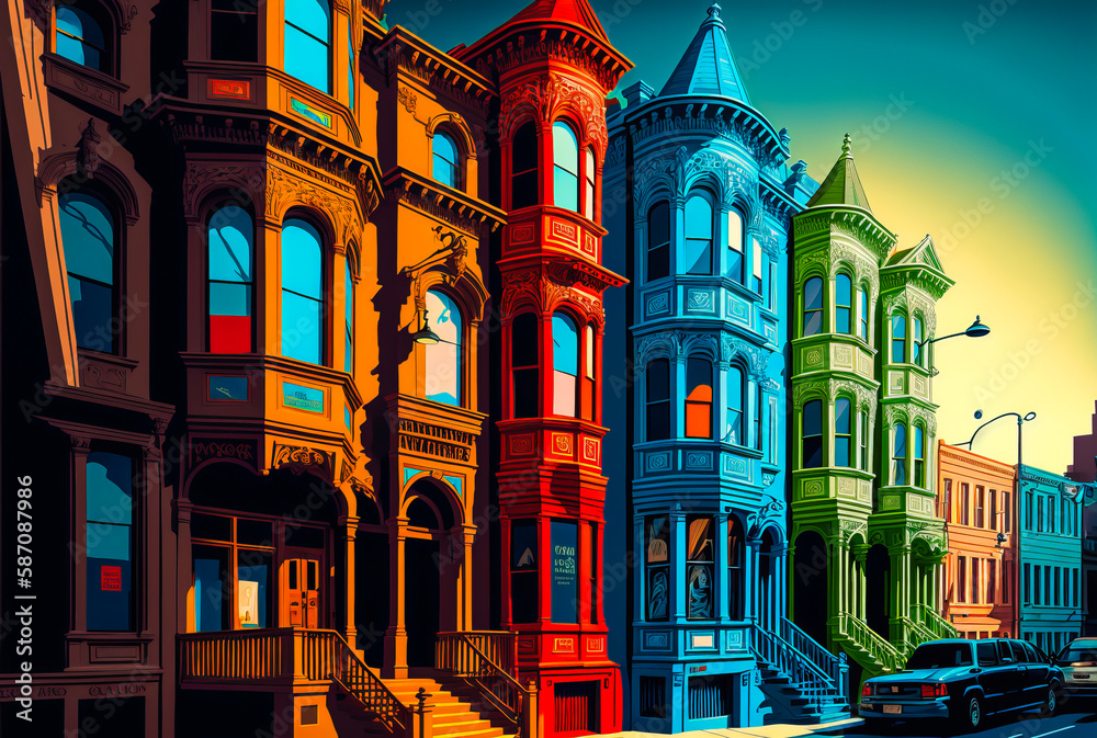 San Francisco street scene with varied architecture shown in a range of complementary colors and styles to create contrast and vibrancy. Generative AI