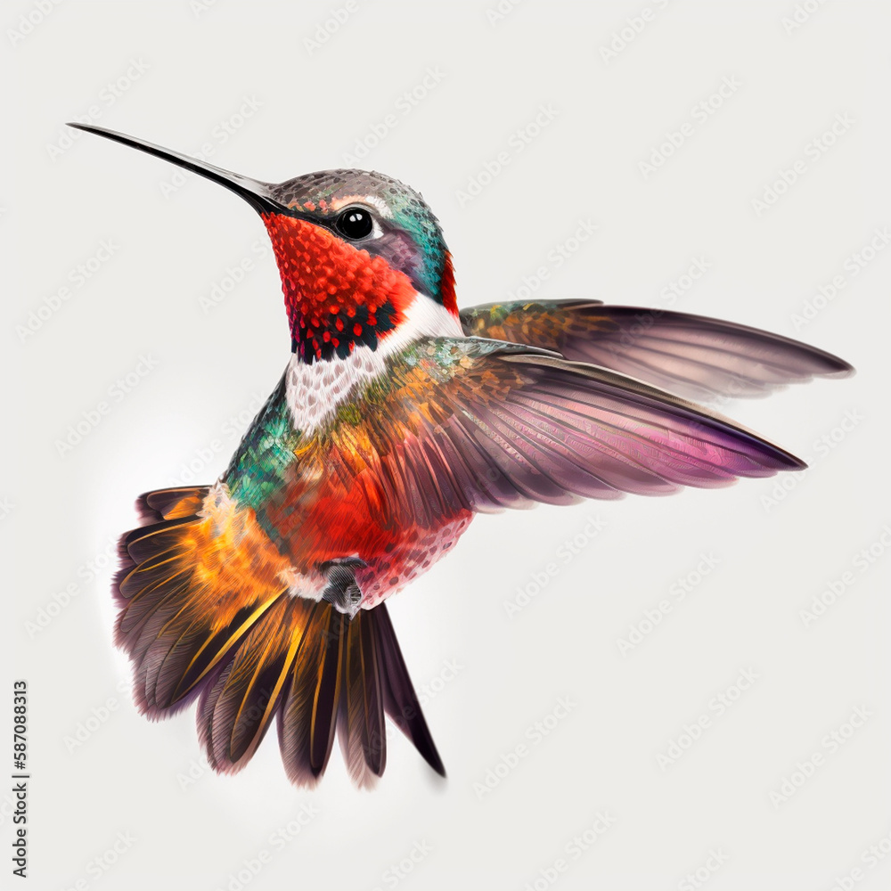 Fototapeta premium Generative AI colorful hummingbird flying with white background