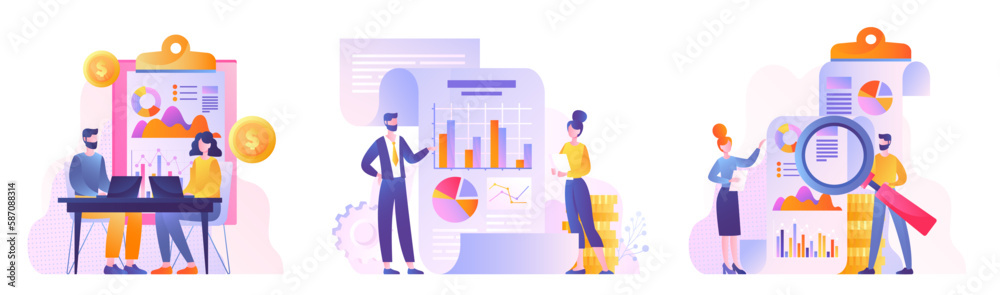 Set of finance. Collection of characters near graphs and diagrams. Accounting and budget planning. Analytics and brainstorming. Cartoon flat vector illustrations isolated on white background