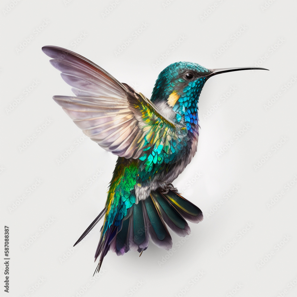 Obraz premium Generative AI blue and green hummingbird flying with white background