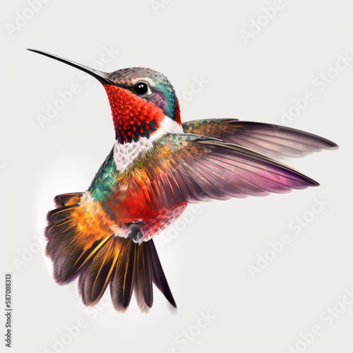 Generative AI colorful hummingbird flying with white background