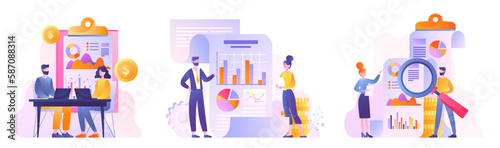 Set of finance. Collection of characters near graphs and diagrams. Accounting and budget planning. Analytics and brainstorming. Cartoon flat vector illustrations isolated on white background