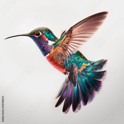 Generative AI colorful hummingbird flapping its wings against a white background © Julia