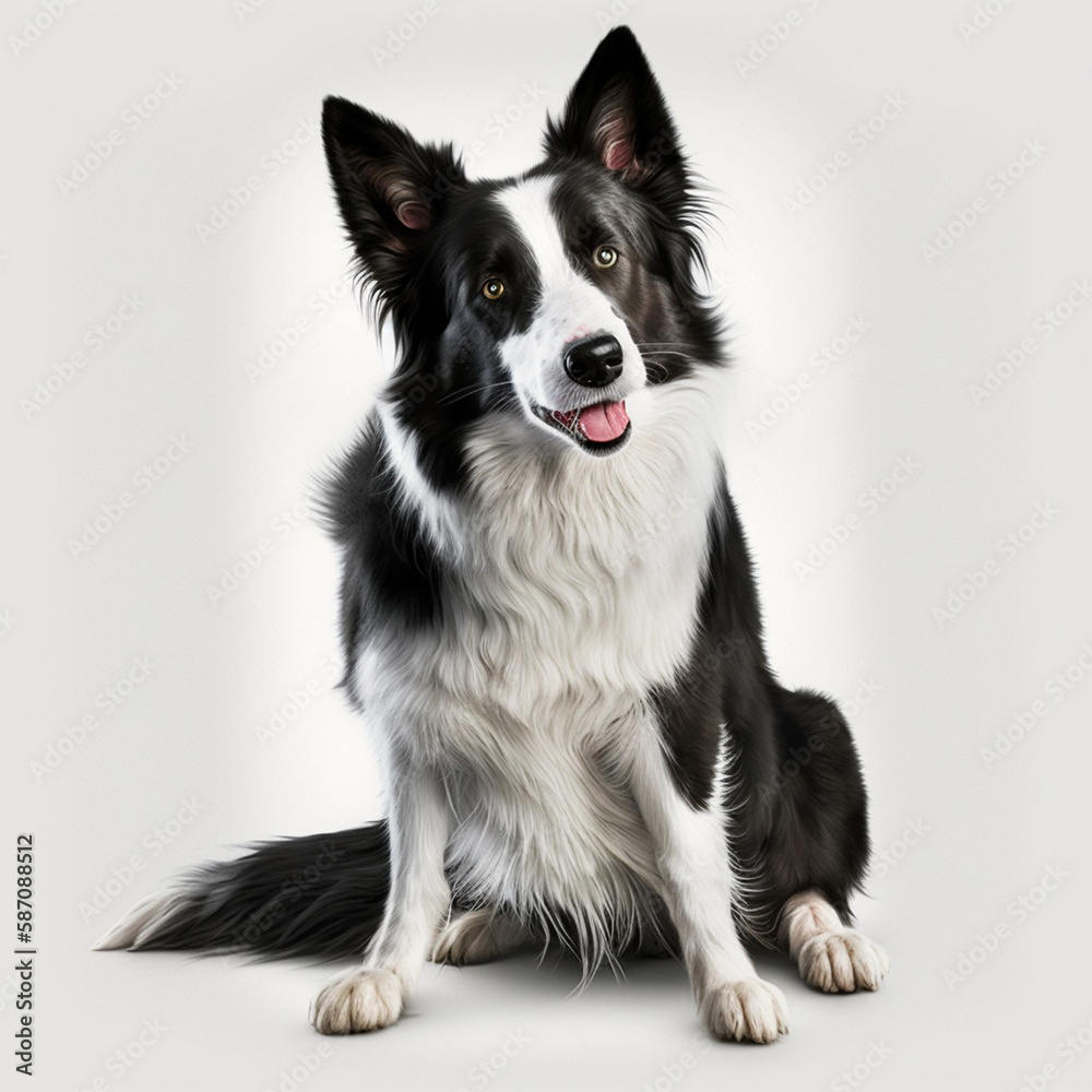 Generative AI Black and white Border Collie dog with white background