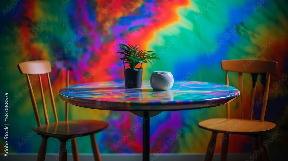 Obraz premium restaurant or display table with nostalgic 90's theme with vibrant and eye-catching art on simple plain wall background - ideal for real estate photography and interior design. generative ai