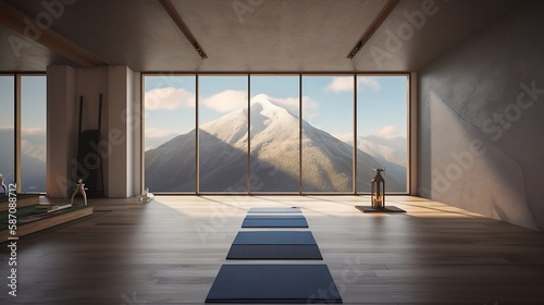 yoga room with minimal architecture of beautiful mountains and sunlight - ideal for real estate photography and interior design. generative ai