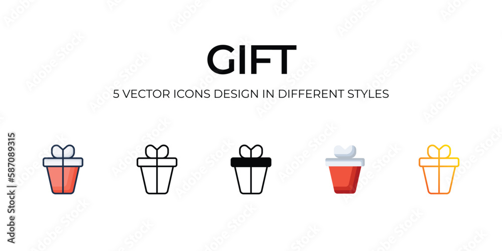 Gift Icon Design in Five style with Editable Stroke. Line, Solid, Flat Line, Duo Tone Color, and Color Gradient Line. Suitable for Web Page, Mobile App, UI, UX and GUI design. Gift Icon Design in Five style with Editable Stroke. Line, Solid, Flat Line, Duo Tone Color, and Color Gradient Line. Suitable for Web Page, Mobile App, UI, UX and GUI design.