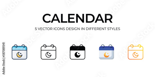 Calendar Icon Design in Five style with Editable Stroke. Line, Solid, Flat Line, Duo Tone Color, and Color Gradient Line. Suitable for Web Page, Mobile App, UI, UX and GUI design.