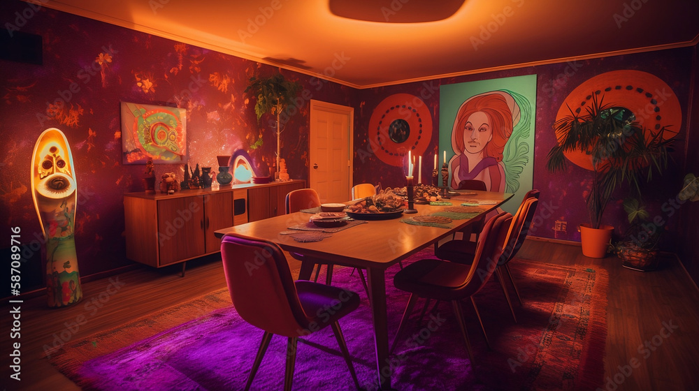 psychedelic 70's dinner room - nostalgic 70's theme with vibrant and eye-catching psychedelic art on simple plain wall background - ideal for real estate photography and interior design. generative ai psychedelic 70's dinner room - nostalgic 70's theme with vibrant and eye-catching psychedelic art on simple plain wall background - ideal for real estate photography and interior design. generative ai