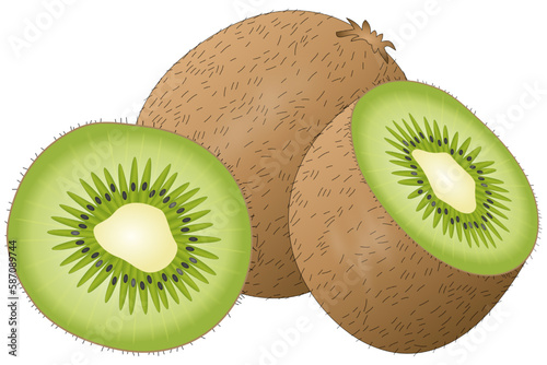 Vector illustration of a kiwi with skin and hair, a sliced kiwi half and a kiwi slice